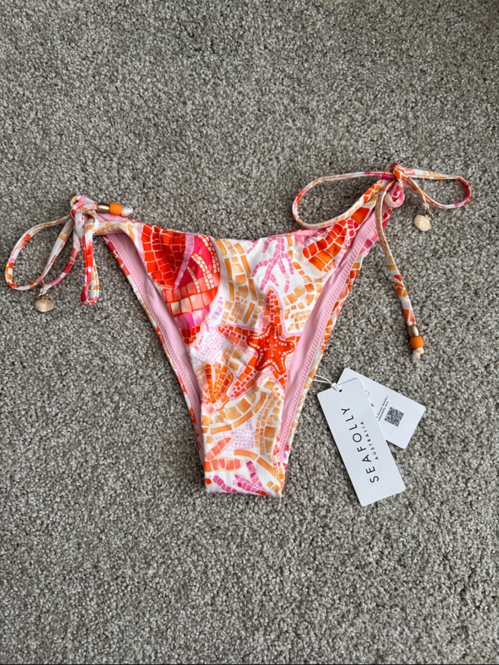 Seafolly Tie-Side Bikini Bottom - Coral & Pink Mosaic